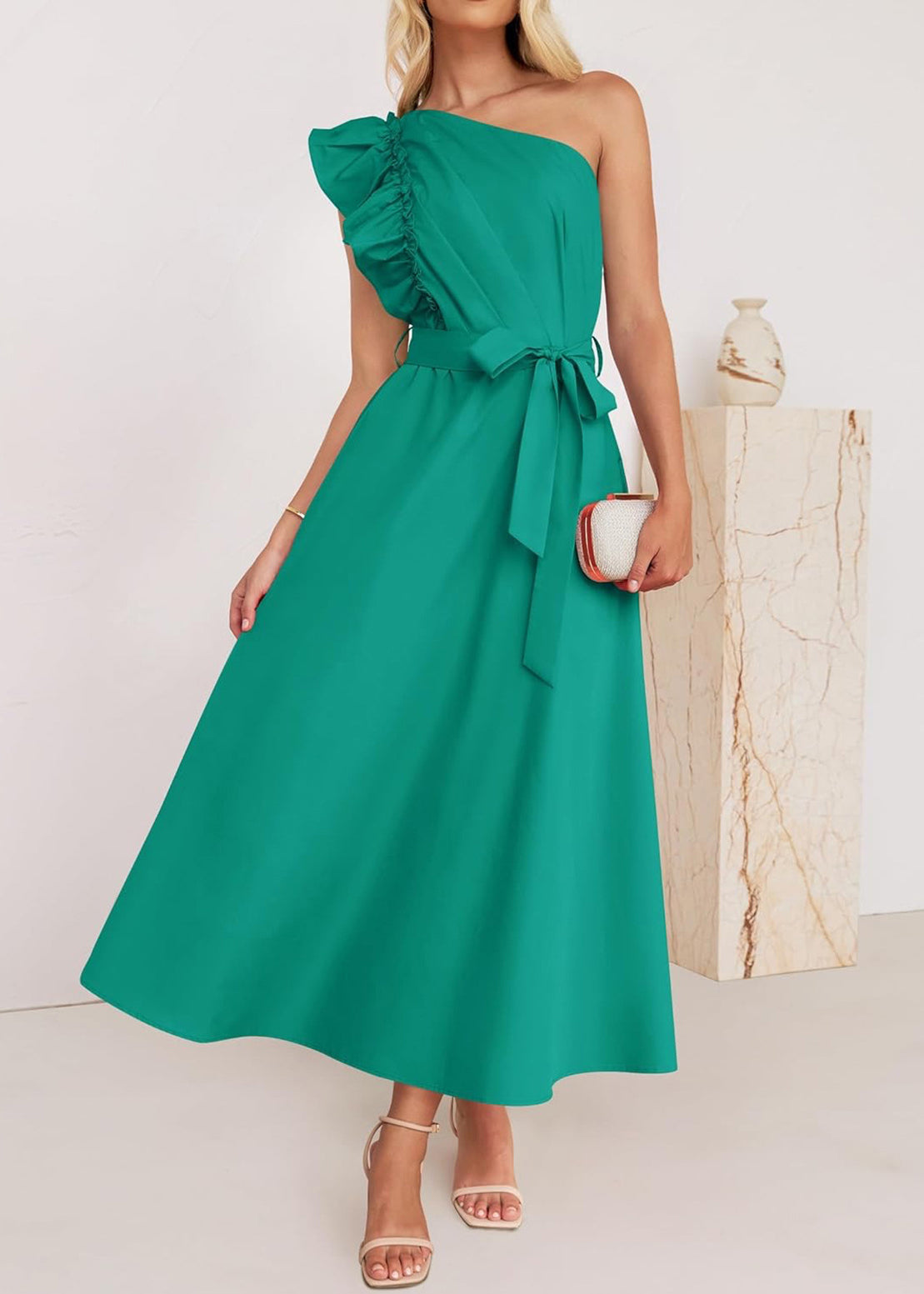 Green Ruffled Tie Waist Cotton Long Dress Summer