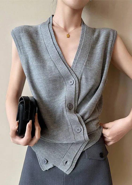 Grey V Neck Button Knit Vest Sleeveless
