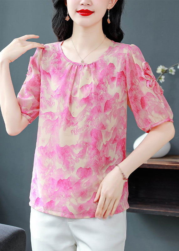 Rose O Neck Print Chiffon Blouses Summer