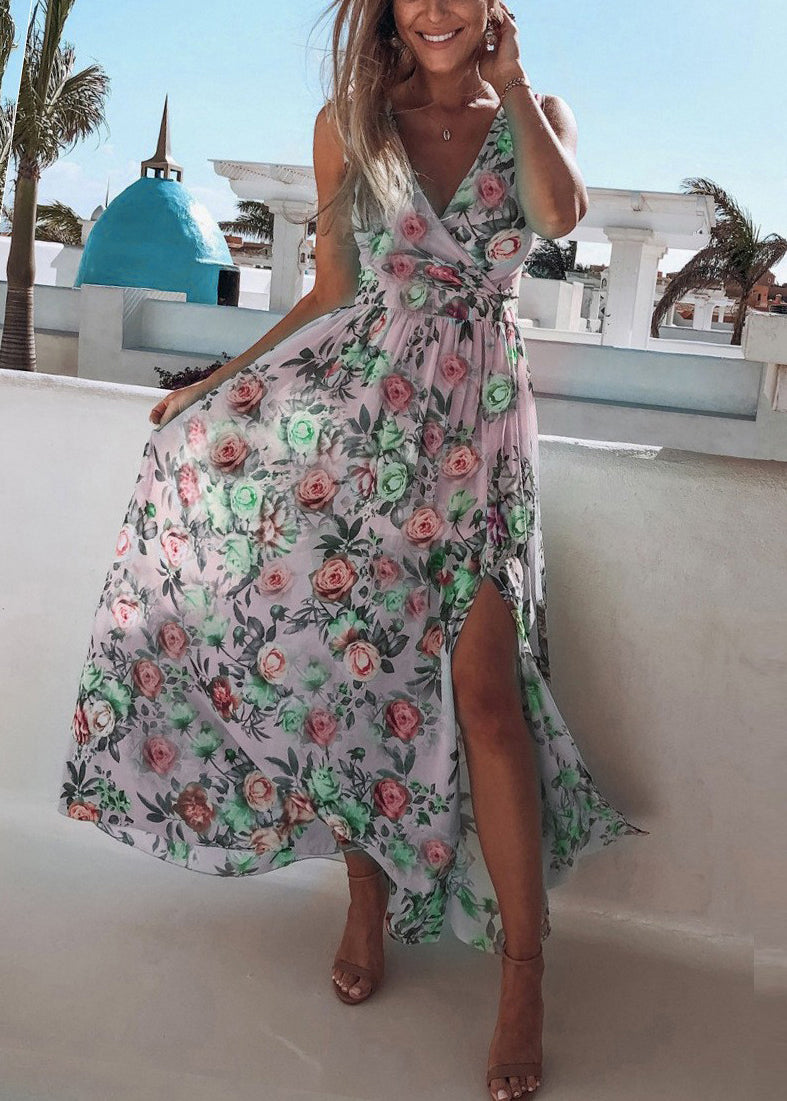 New Light Blue V Neck Print Side Open Chiffon Dresses Sleeveless