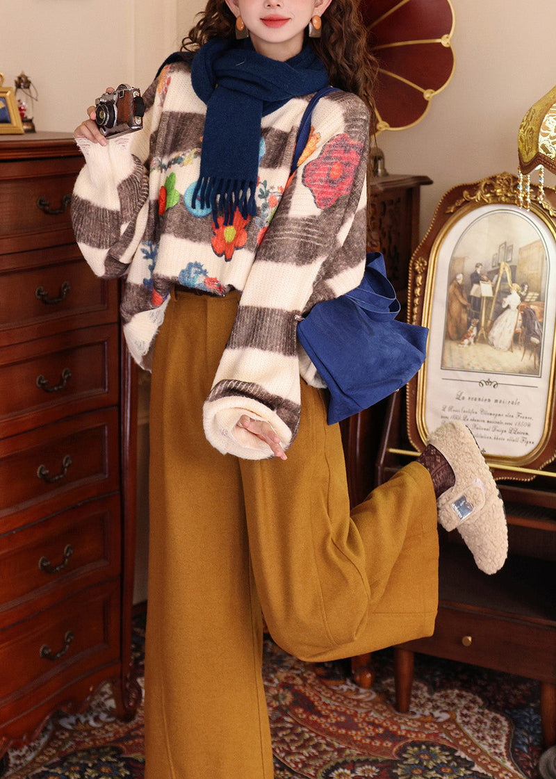 Colorblock O Neck Print Knit Pullover Batwing Sleeve