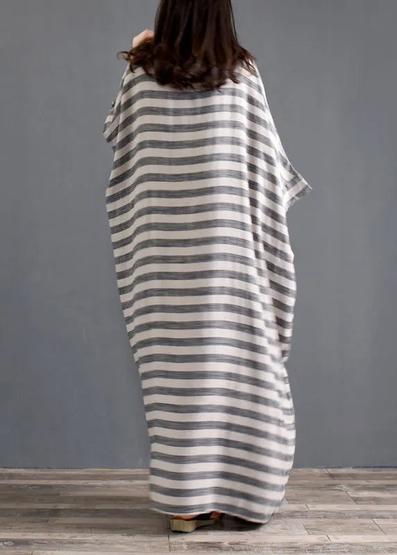 Grey O Neck Striped Pockets Patchwork Cotton Long Dresses Spring