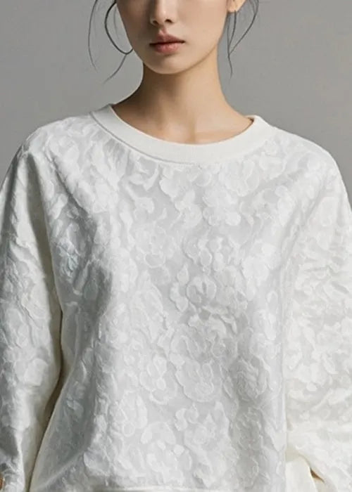 Jacquard White O Neck Cotton Sweatshirt Fall