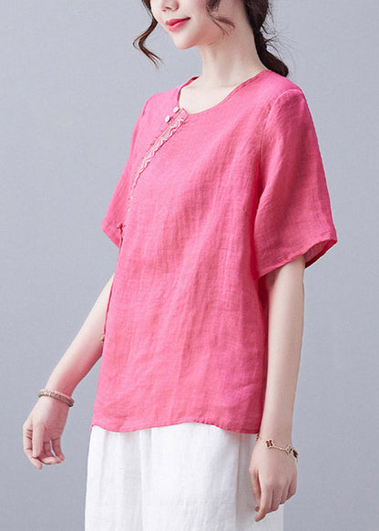 Simple Rose O-neck Asymmetrical Design Embroidered Top Short Sleeve