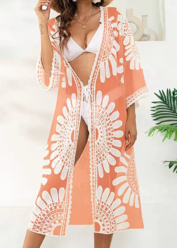 Unique Orange V-neck Print Lace Patchwork Tulle Swimwear Cardigans