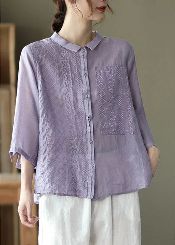 Natural Purple Peterpan Collar Button Embroidered Fall Top Long Sleeve