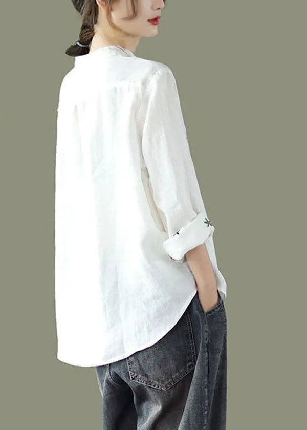 White Stand Collar Embroidered Linen Shirt Spring