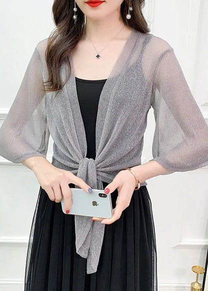 Loose Grey V Neck Lace Up Tulle Cardigans Half Sleeve Spring
