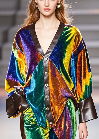 Multicolour V Neck Patchwork Silk Velvet Coat Fall