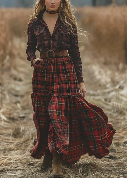 Retro Plaid Pockets Long Sleeve Pastoral Dresses