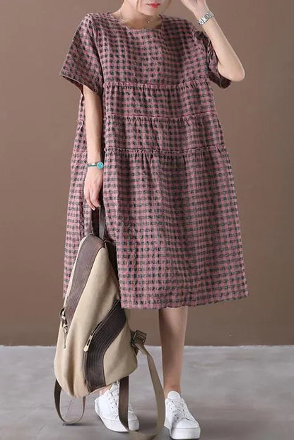 Limited Stock- Summer Plaid Round Neck Cotton Linen Midi Dress