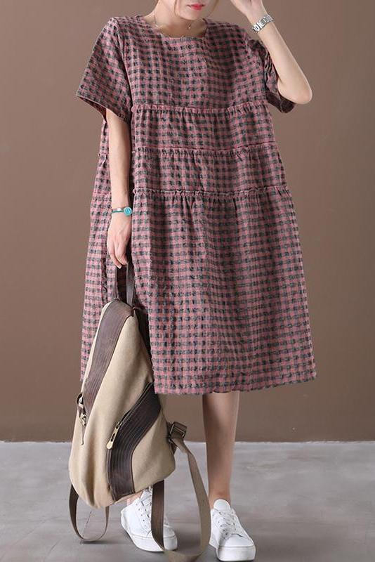 Limited Stock- Summer Plaid Round Neck Cotton Linen Midi Dress
