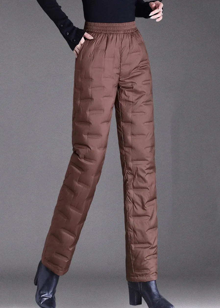 Brown Pockets Elastic Waist Duck Down Filled Pants Winter