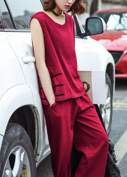 Loose Red O-neck Patchwork Top and Crop Pants Two Piece Set Clothing Summer