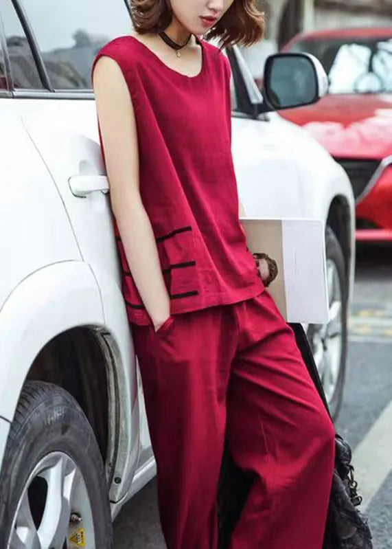 Loose Red O-neck Patchwork Top and Crop Pants Two Piece Set Clothing Summer