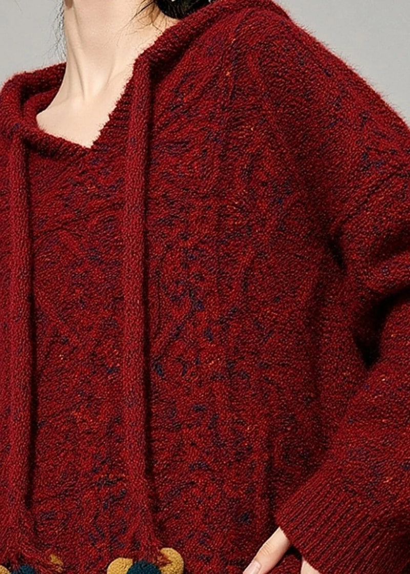 Natural Red Drawstring Cotton Knit Hooded Sweater Fall