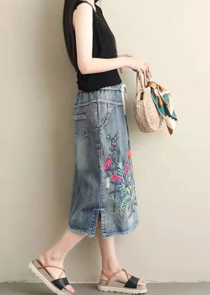 Light Blue Embroidered Pockets A-line Summer Denim Skirts