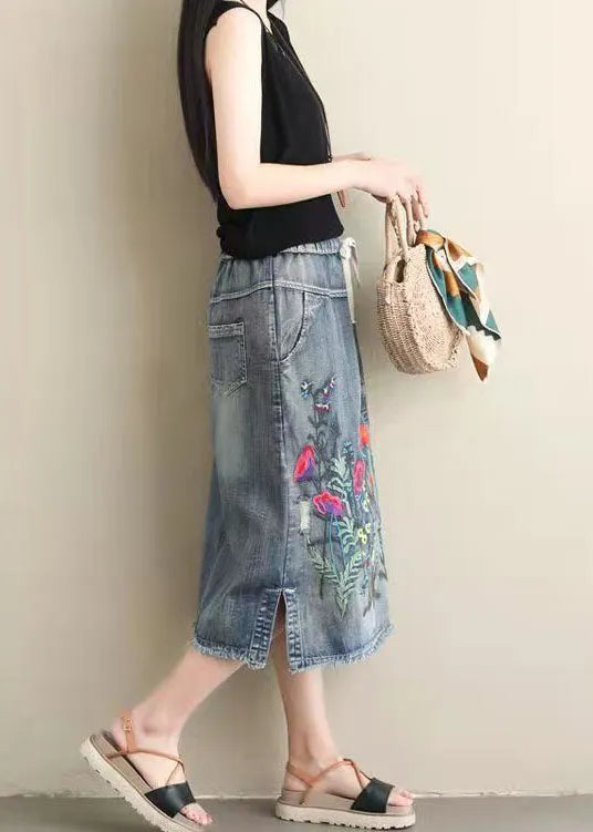 Light Blue Embroidered Pockets A-line Summer Denim Skirts