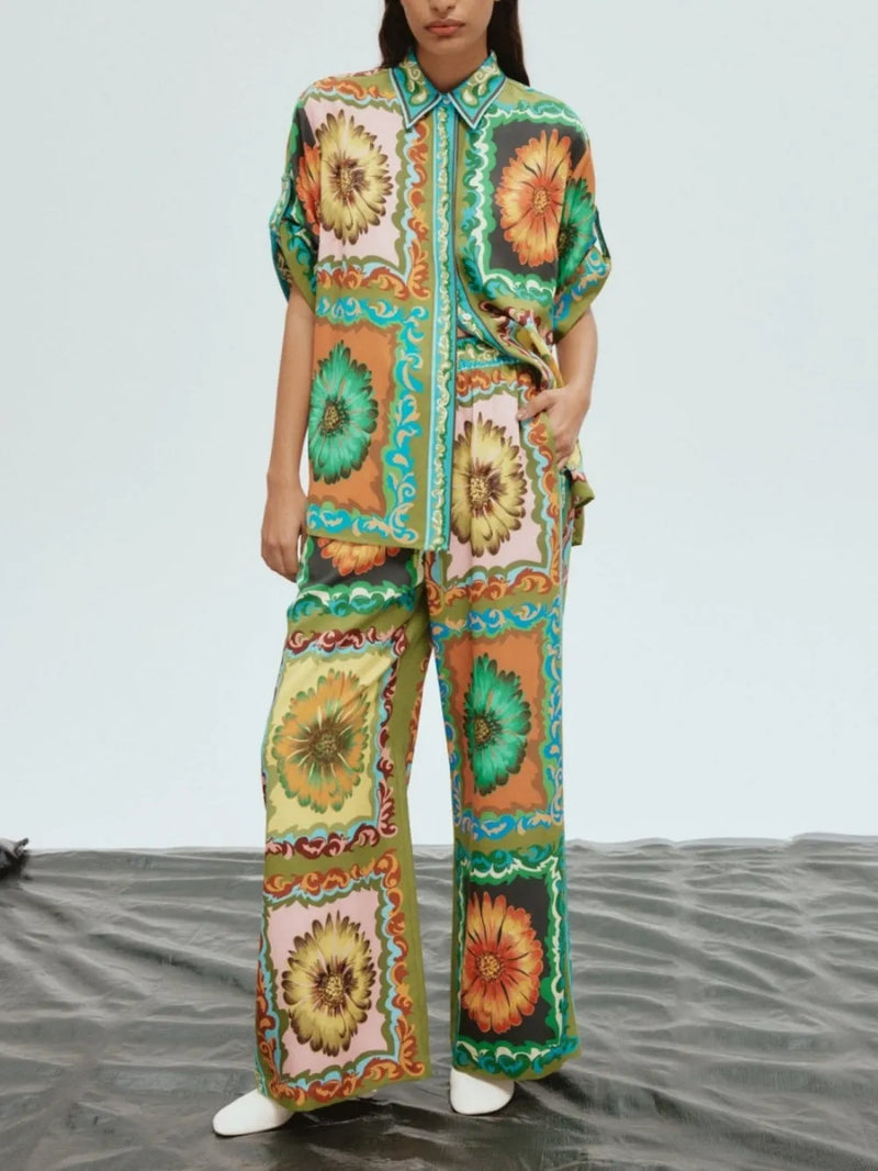 Sunflower Print Button-down Oversized Shirt
