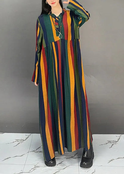 V Neck Ruffled Striped Cotton Long Dresses Fall