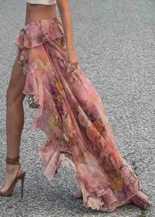 Stylish Pink Print Low High Design Chiffon Skirt Summer