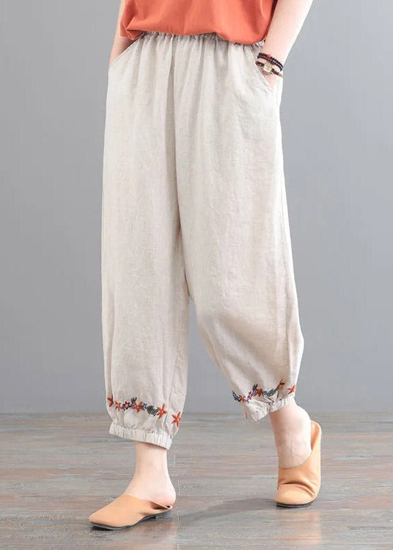 Organic Beige Embroidered Pockets Crop Pants Summer