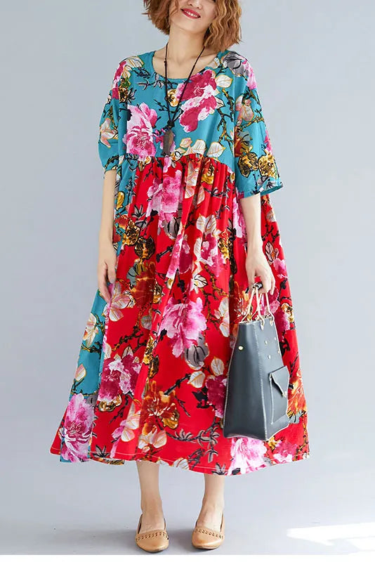 -summer Red Printed Loose Dress