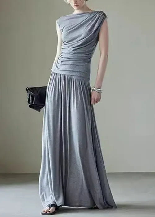 Grey Pockets Tops and Skirts Cotton Two Pieces Set Wrinkled Summer