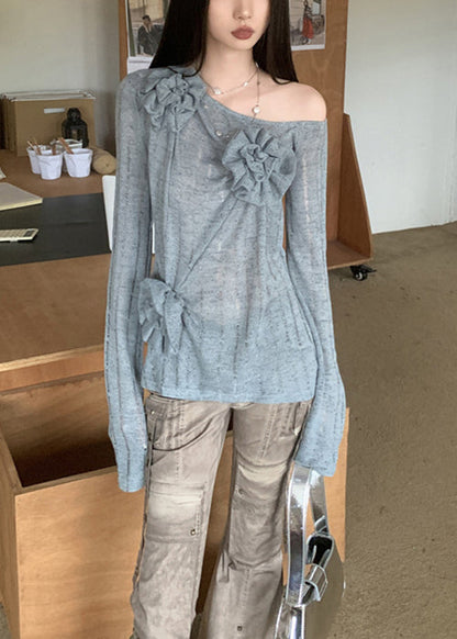 Blue Asymmetrical Knitting Cotton Top Fall