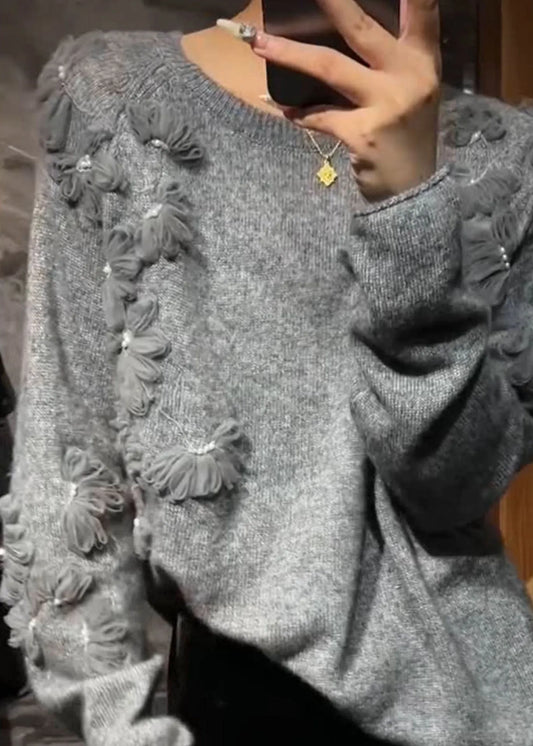 Grey O-neck Cotton Knit Sweater Fall