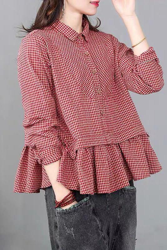 Limited Stock- Loose Plaid Ruffle Splicing Cotton Linen Shirt