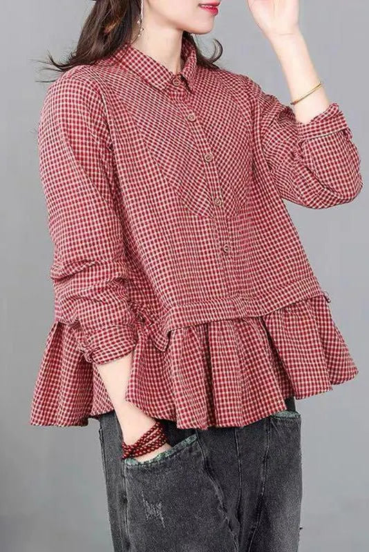 Limited Stock- Loose Plaid Ruffle Splicing Cotton Linen Shirt