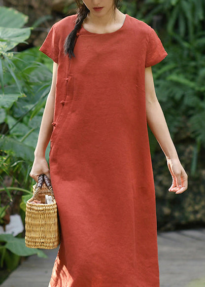 New Retro Green O Neck Button Linen Dresses Summer