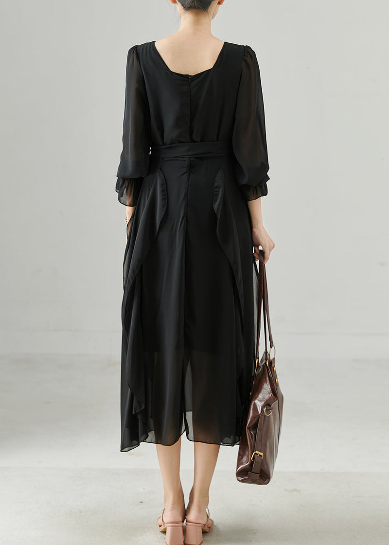 Fitted Black Ruffled Tie Waist Chiffon Dresses Spring