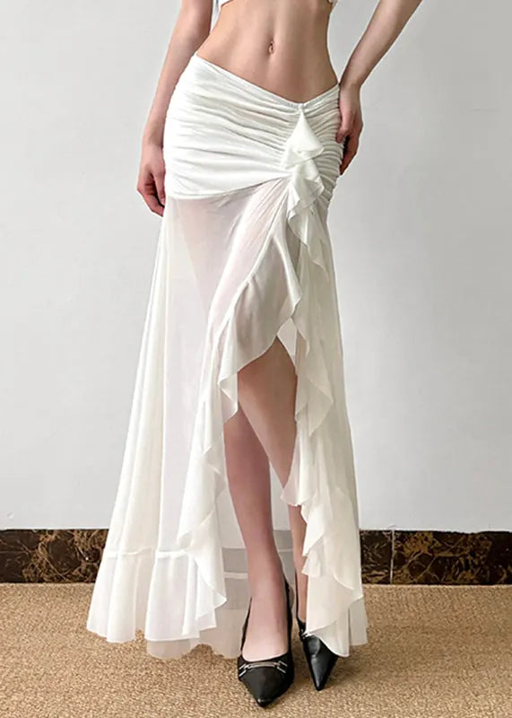 White Wrinkled Side Open Tulle Skirt Summer