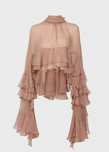 Stand Collar Ruffled Patchwork Chiffon Shirt Long Sleeve