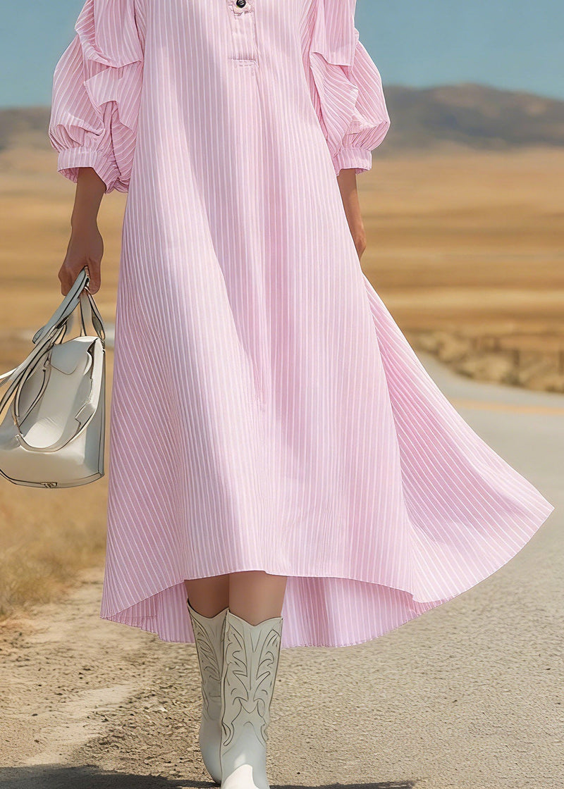 Pink Peter Pan Collar Striped Long Dress Three Quarter Sleeve