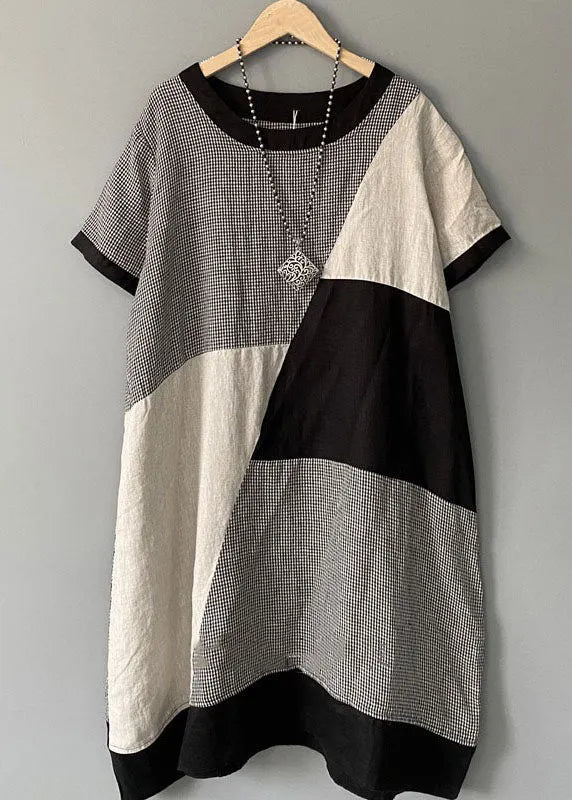 Plaid Print O Neck Patchwork Cotton Mid Dress Summer