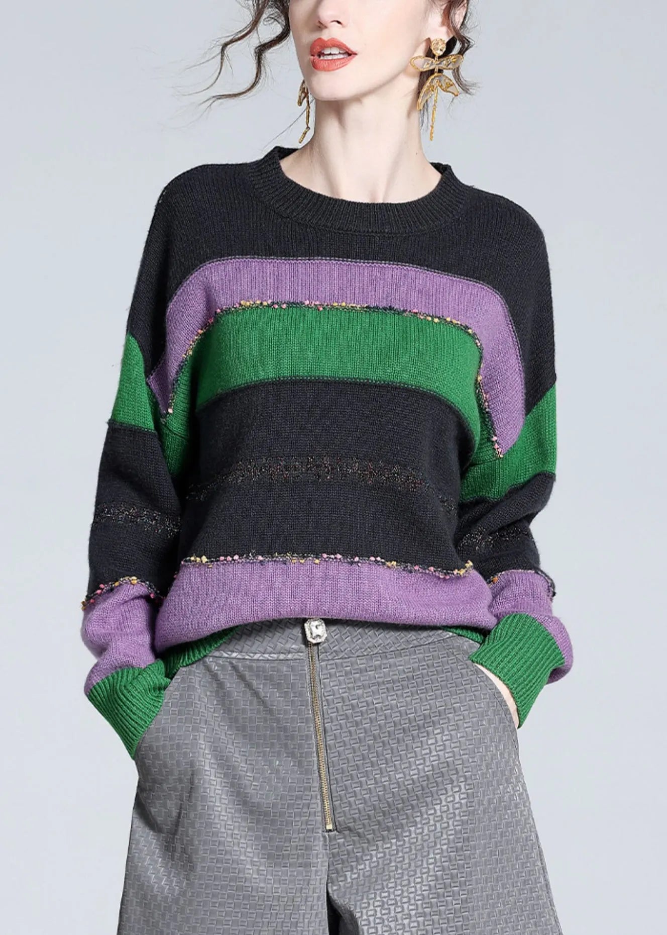 Purple O-neck Cozy Patchwork Wool Knit Sweater Winter