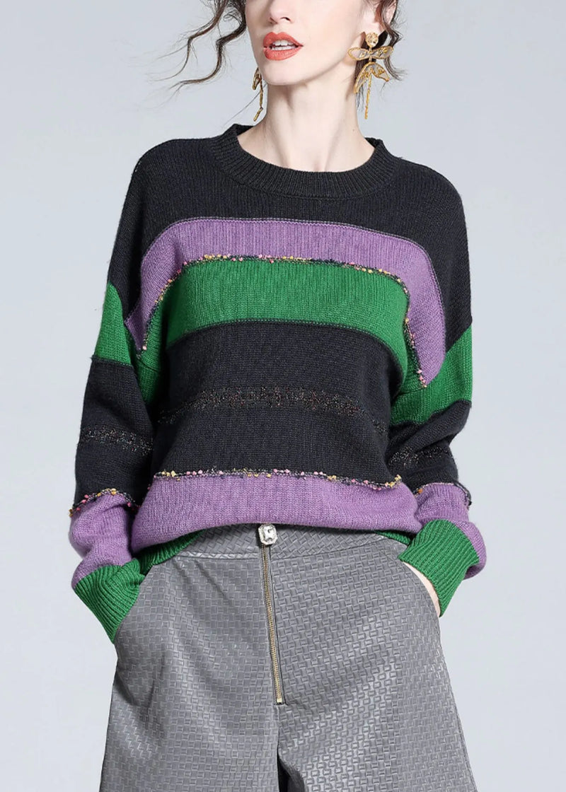 Purple O-neck Cozy Patchwork Wool Knit Sweater Winter
