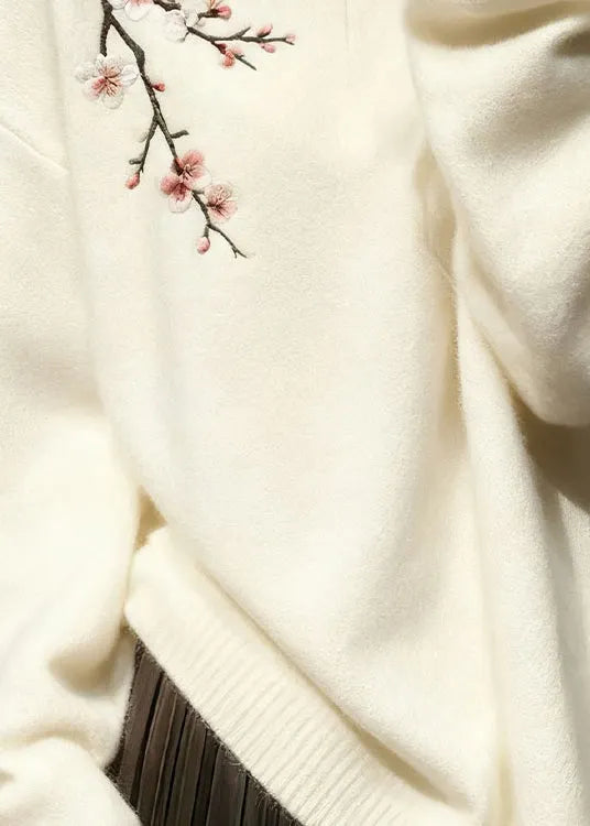 White Button Plum Blossom Knit Sweater Tops Winter