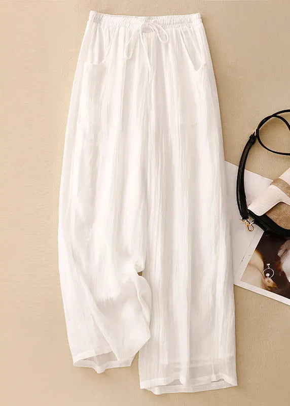 Simple Blackish Green Pockets Elastic Waist Linen Wide Leg Pants Summer