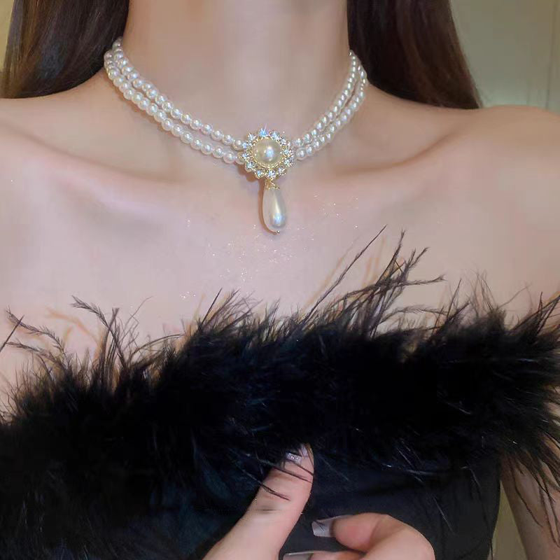 White Alloy Zircon Double Layered Pearl Water Drop Pendant Necklace