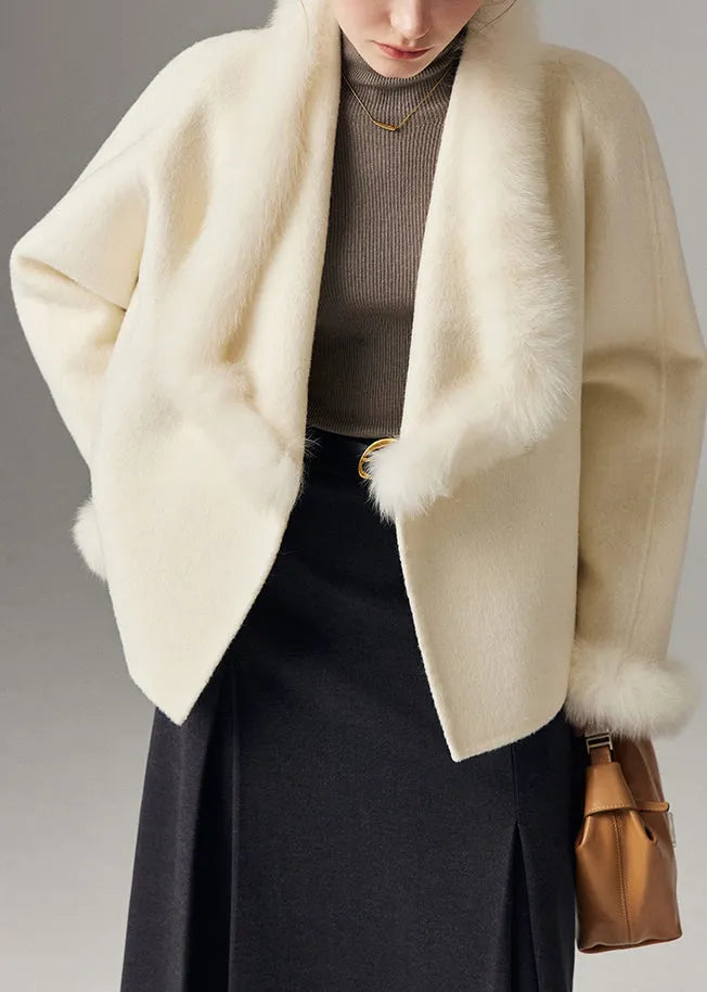White Peter Pan Collar Patchwork Fox Fur Wool Cardigan Winter