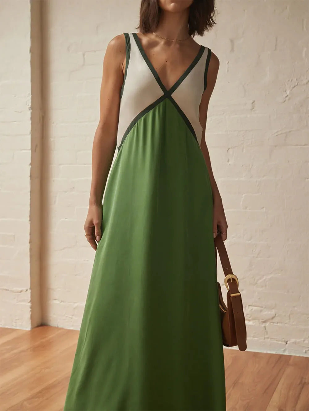 V-neck Contrasting Color Splicing Dress