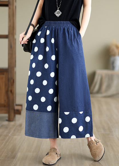 Blue Asymmetrical Patchwork Dot Print Pockets Wide Leg Pants Summer