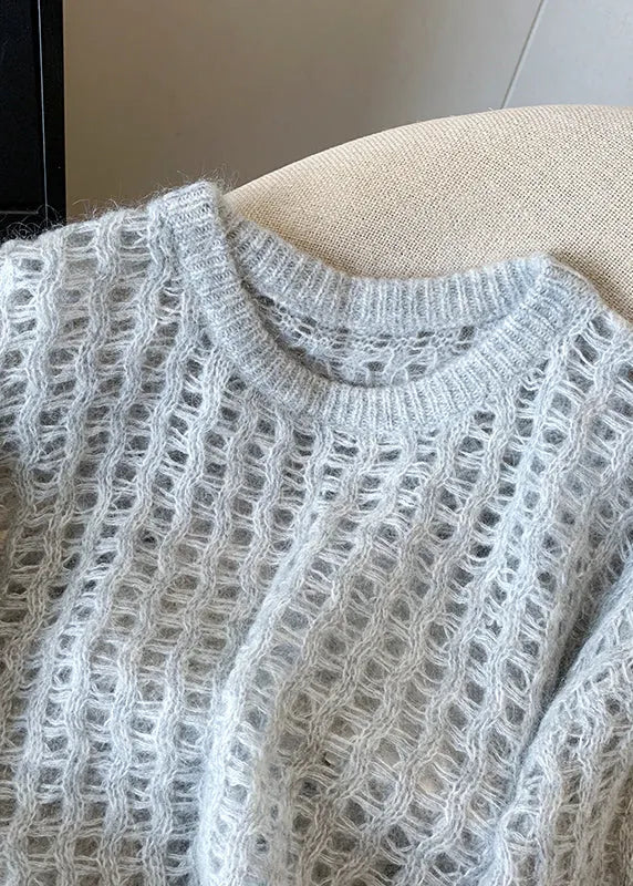 White O Neck Hollow Out Knit Pullover Fall
