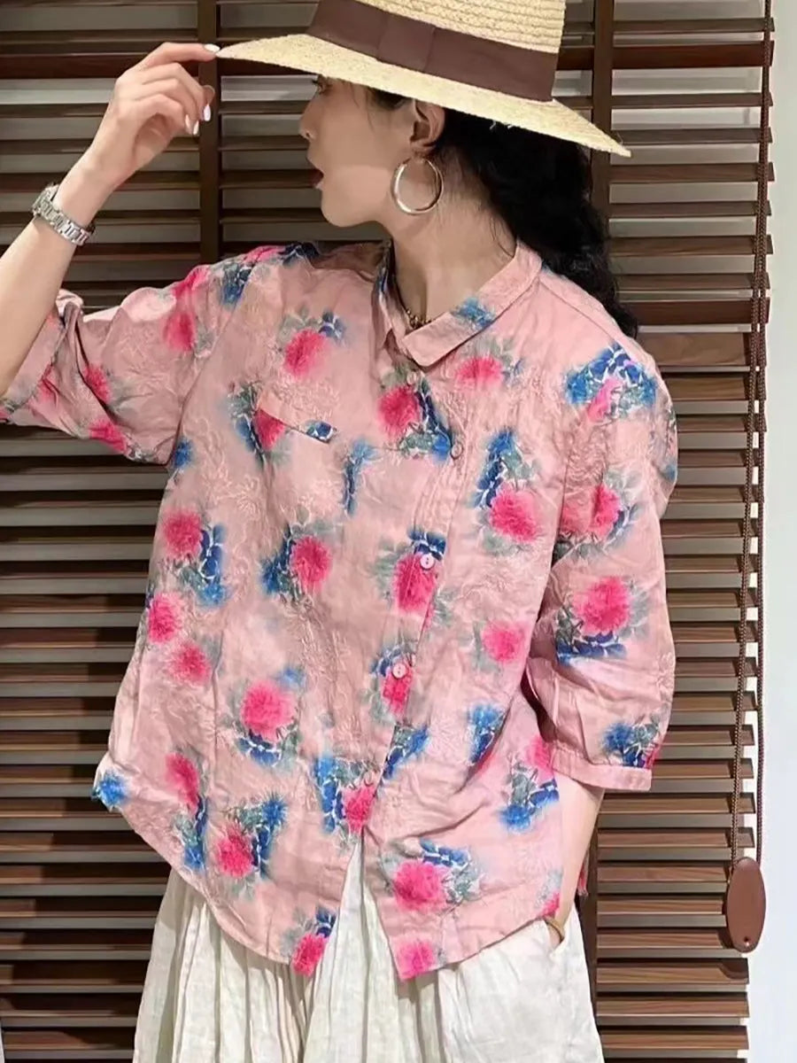 Summer Flower Slant Button-up Ramie Shirt