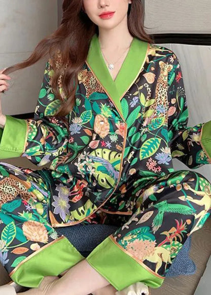 Green Peter Pan Collar Print Ice Silk Pajamas Two-piece Set Spring