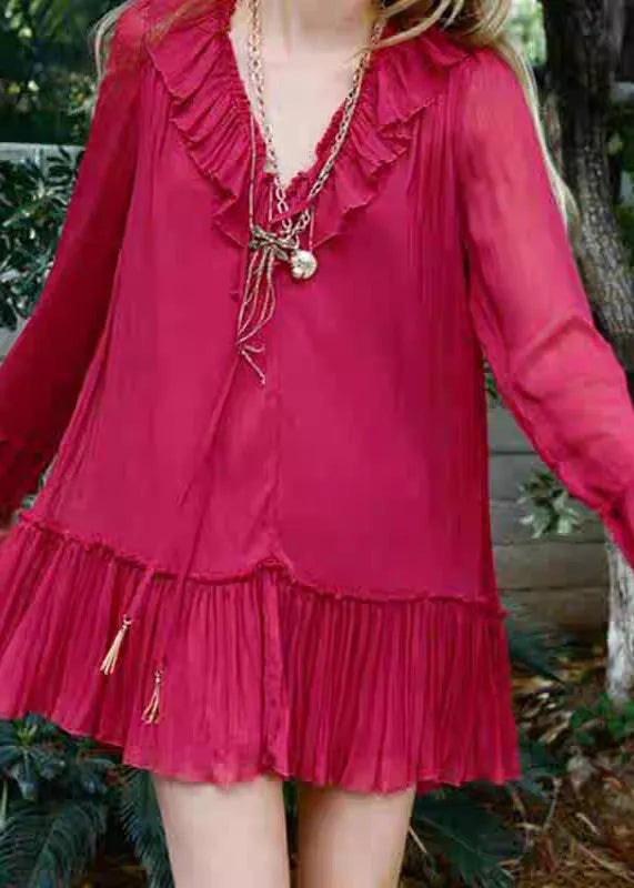 New Red V Neck Wrinkled Lace Up Cotton Mini Dresses Fall